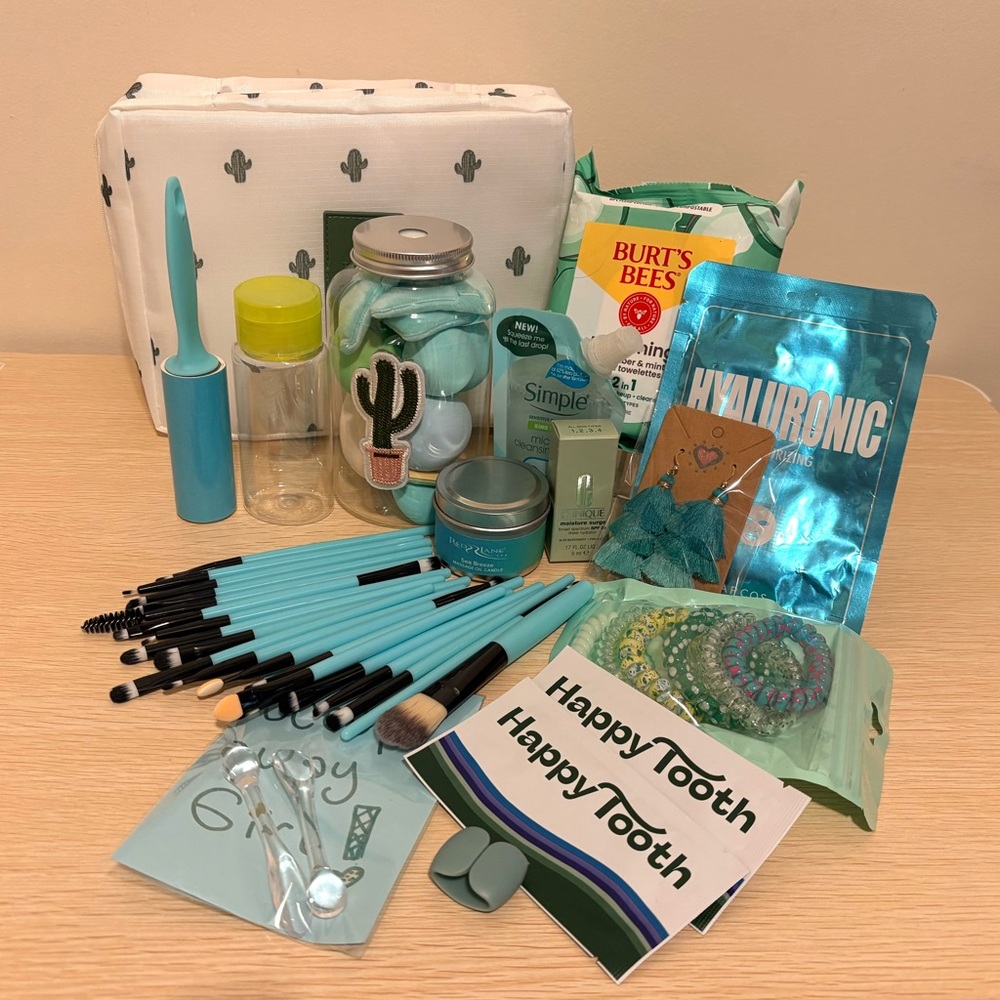 Holiday Gift Bundle Burt’s Bees Green Cactus Skin Care Cosmetics Traveling Bag